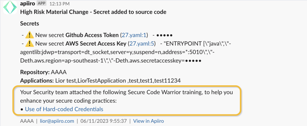 Apiiro ASPM appsec risk finding slack alert with Secure Code Warrior developer training link